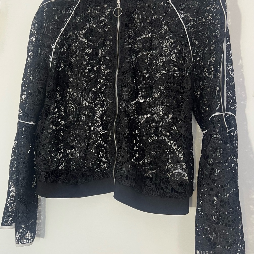 INC International Concepts Black Lace Bomber Jacket with White Trim